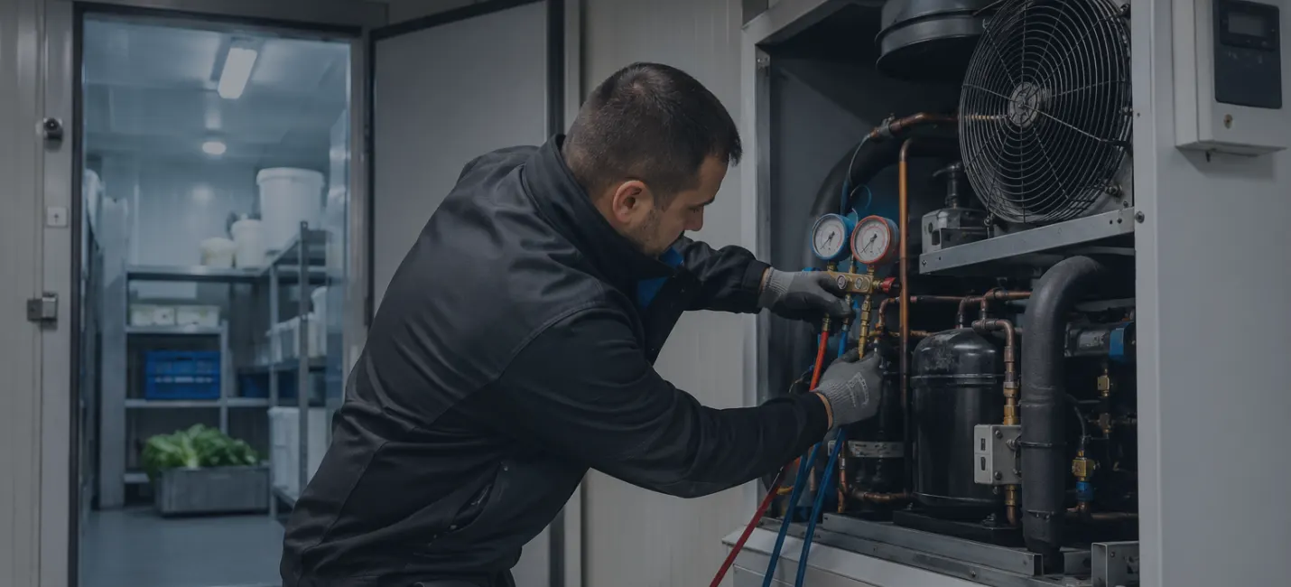 Technicien frigorifique réalisant un dépannage de chambre froide professionnelle à Strasbourg sur une installation de froid commercial
