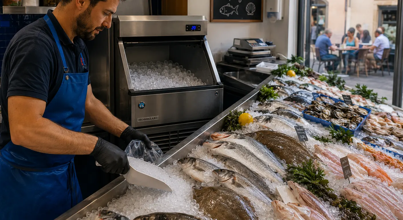 Poissonnier utilisant une machine à glace paillette professionnelle Hoshizaki pour présenter ses produits frais sur un étal en Alsace