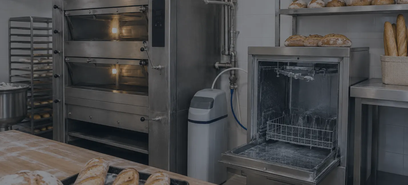Adoucisseur d'eau installé entre un four à buée et un lave-vaisselle professionnel dans un laboratoire de boulangerie du Bas-Rhin