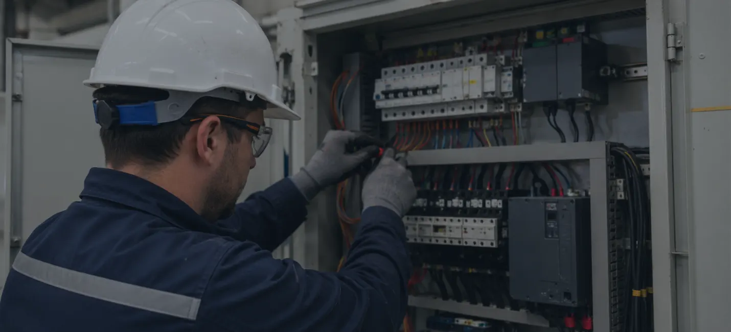 Électricien industriel contrôlant une armoire électrique lors d'une maintenance préventive en usine dans le Bas-Rhin